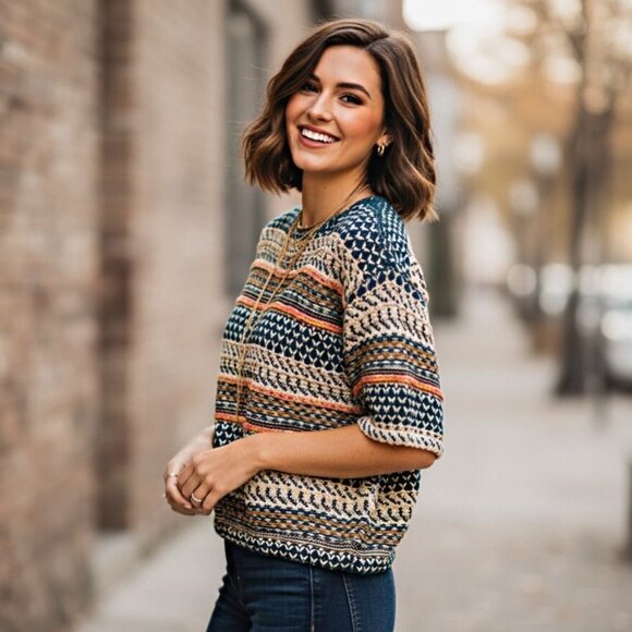 Lou & Grey Knit Crochet Cropped Sweater Top Multicolor Boho Drawstring Oversized - Picture 2 of 12